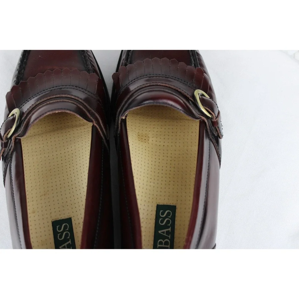 Bass Mens Burgundy Leather Kiltie Loafers Buckle Fringe SlipOn Dress Shoes 11.5M